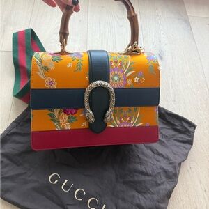 Gucci Yellow Floral Bamboo Top Handle Satchel with Black and Red Trim